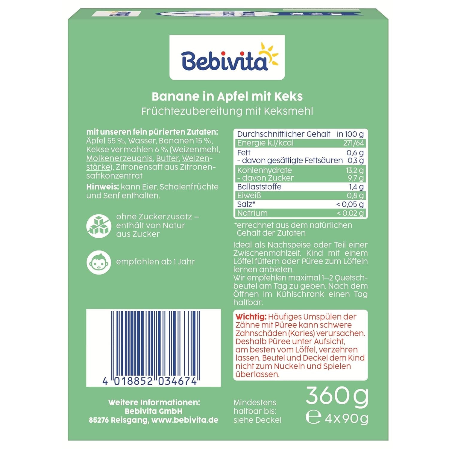 Banán almában keksszel fóliával - 16 darab (4 csomag, egyenként 4 x 90 g), hozzáadott cukor nélkül, enyhe gyümölcsből és egészséges gabonákból készült, ideális elvitelre és útközbeni harapnivalókra