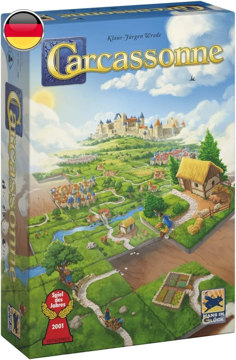 Hans im Glück, UNbox Now, Carcassonne V3.0, alapjáték, családi játék, 2001-es év játéka, 2-5 játékos, 7 évesnél idősebb, 35 perc játékidő, német