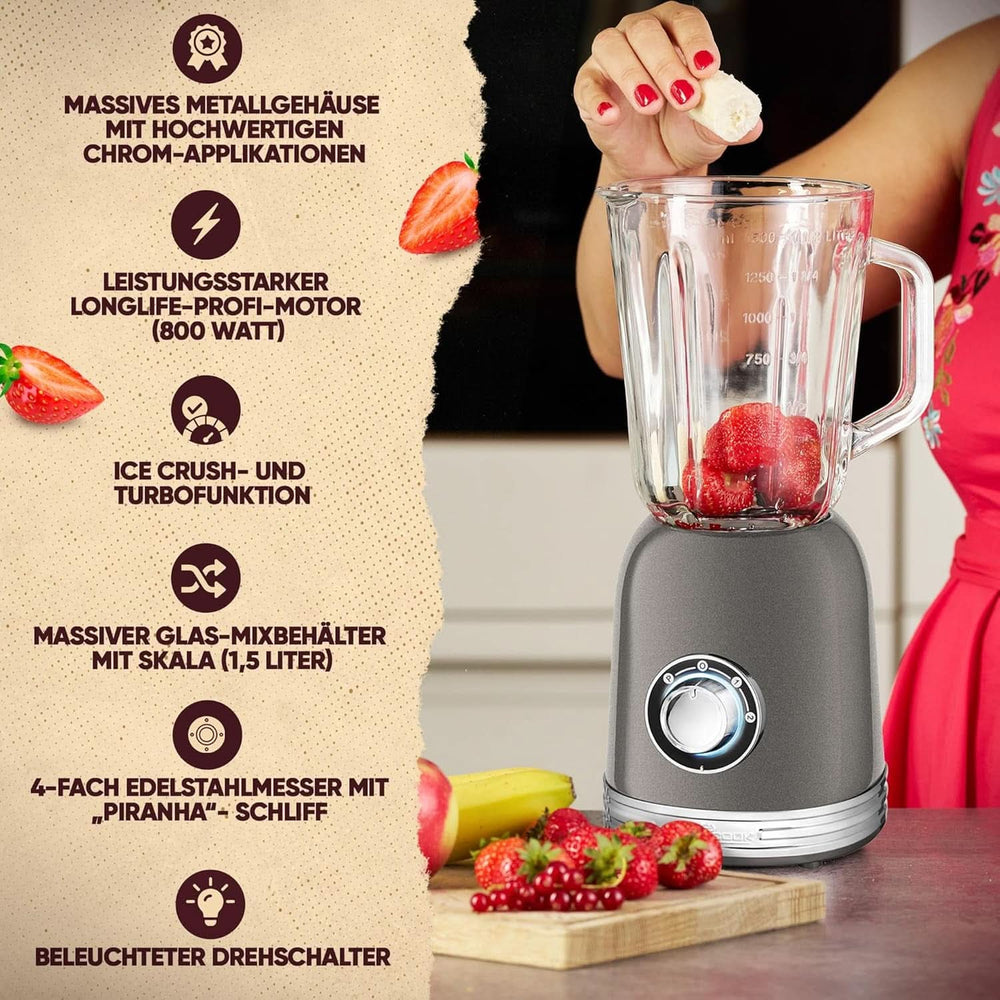 Proficook® Mixer Standmixer Mit Massivem 1,5L Glas-Behälter, Ice Crush & Turbo-Modus - Blender Mit 4Fach Piranha-Messer Aus Edelstahl - Hochleistungsmixer Mit Metallgehäuse 800W, PC UM 1195 Anthrazit Mama si Copilul Naty Shop