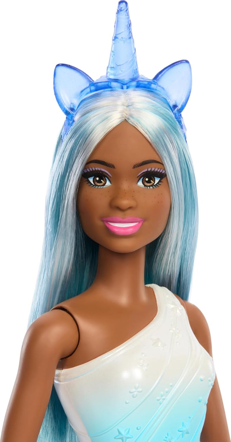Barbie Einhorn Puppen mit bunten Fantasiehaaren, Outfits mit Farbverlauf und Fantasy-Accessoires round um das Einhorn Theme, HRR14