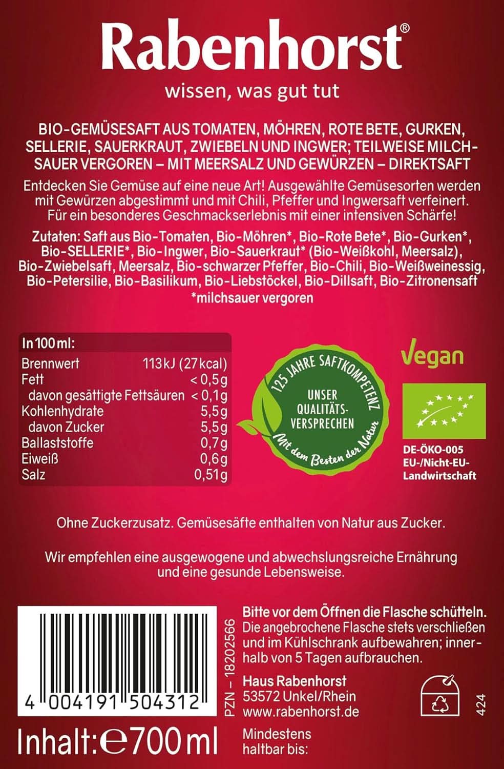 RABENHORST (6 x 700 ml) - Kiváló minőségű zöldséglé különböző zöldségekből, intenzív fűszeres ízzel Alkoholmentes italok Naty Shop