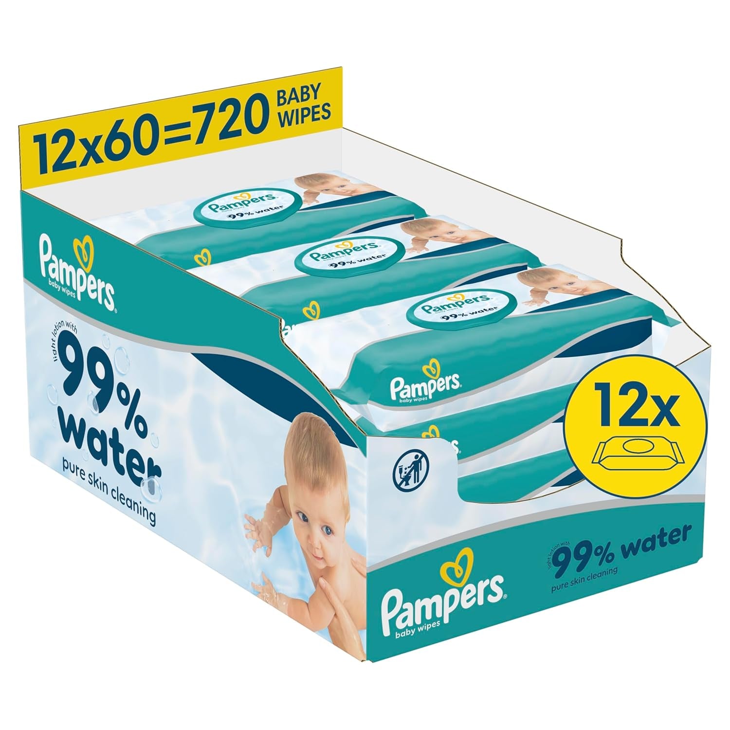 Pampers 99%-os vizes babatörlő, 12 csomag, egyenként 60 darabos törlőkendő = 720 babatörlő, könnyű lotion 99%-os víz
