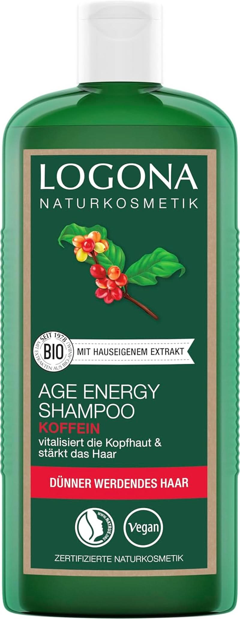 LOGONA natúrkozmetikumok, sampon, bio koffein vegán formula, 250 ml zuhany és fürdő Naty Shop 1,5 liter