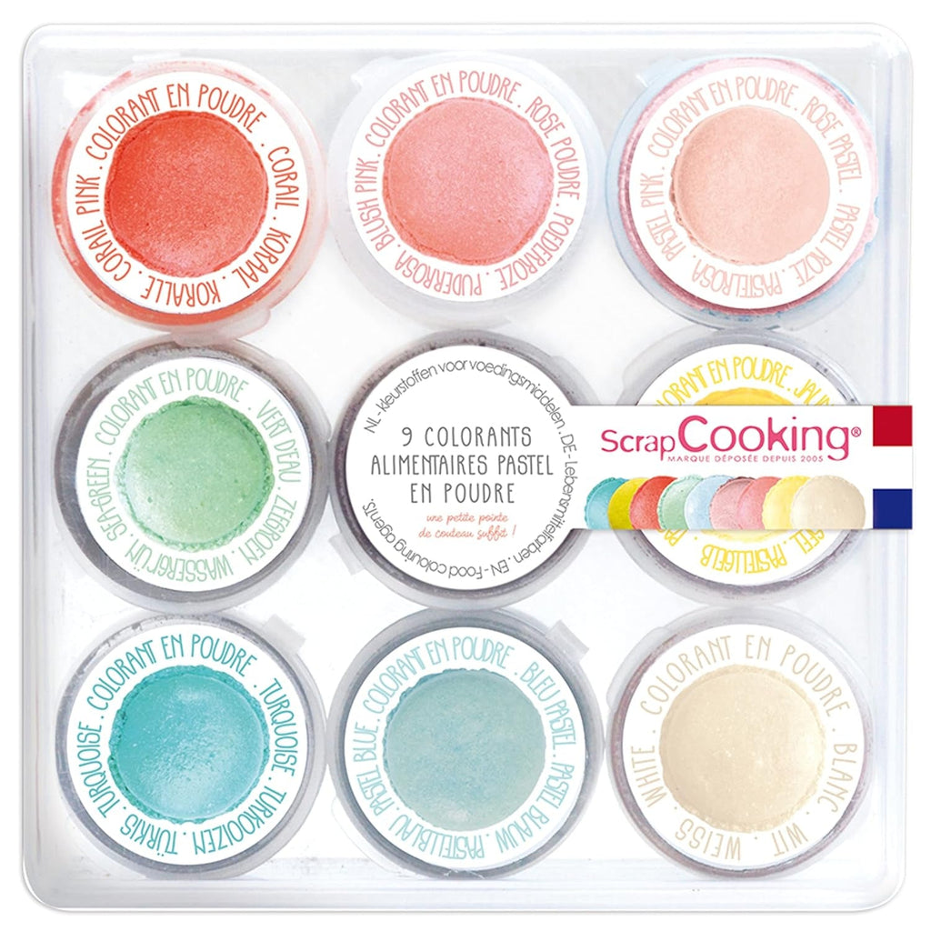 Scrapcooking - Set 9 coloranți alimentari pastel - Albastru, Galben, Coral, Roz, Turcoaz, Verde Lămâie, Alb, Verde Aqua, Roz pudră - Pudră colorantă comestibilă pentru prăjituri, brioșe, macarons - 4272