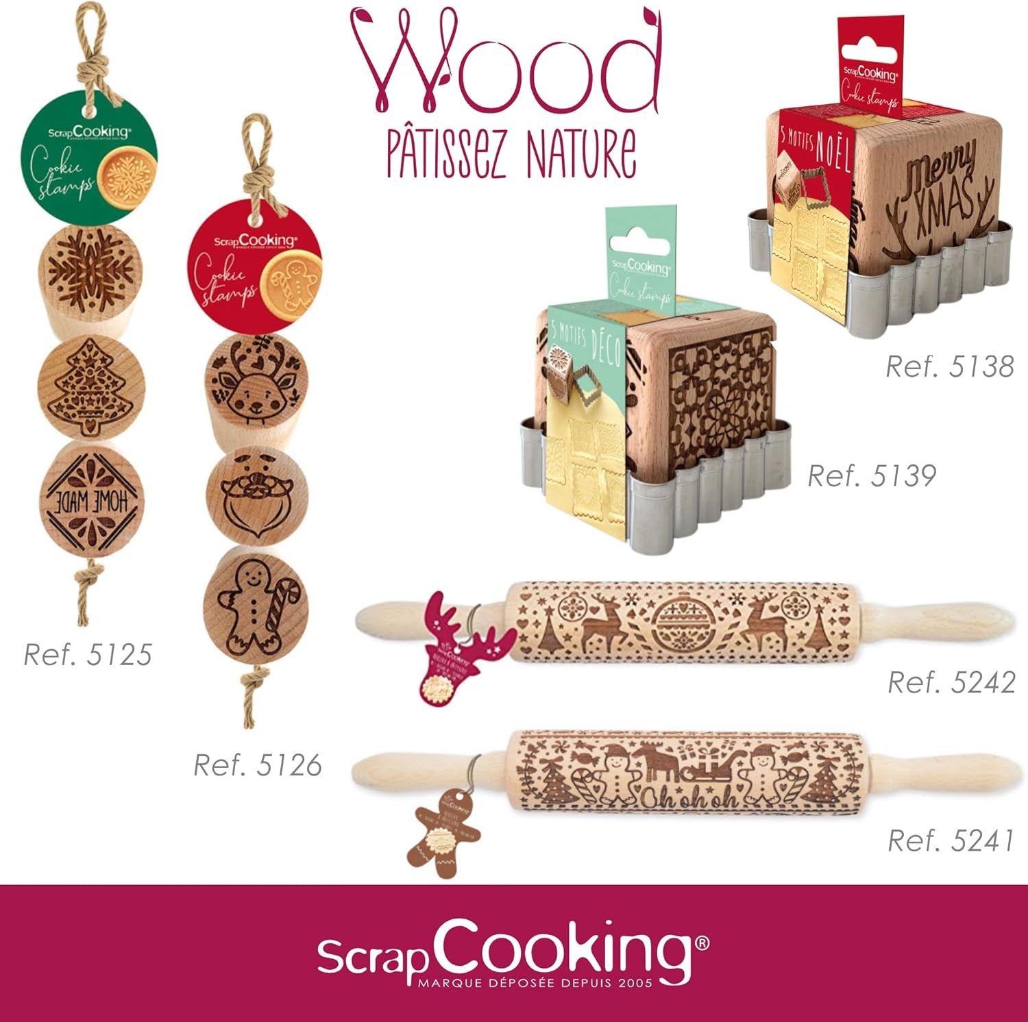 Scrap Cooking Teigrolle aus Holz "Xmas" mit weihnachtlichen Motiven – Prägerolle mit gepfragten Verzierungen für Kekse – dekoratív Zubehör – 5242
