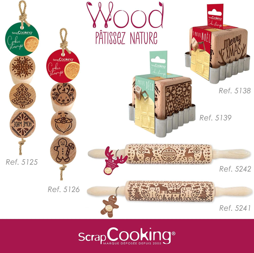 Scrap Cooking Teigrolle aus Holz "Xmas" mit weihnachtlichen Motiven – Prägerolle mit gepfragten Verzierungen für Kekse – dekoratív Zubehör – 5242