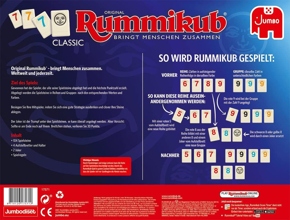 Jumbo Spiele Original Rummikub Classic - der Spieleklassiker unter den Gesellschaftsspielen - für Erwachsene und Kinder ab 7 Jahren JUM17571 Többszínű 2,7 x 3,7 cm