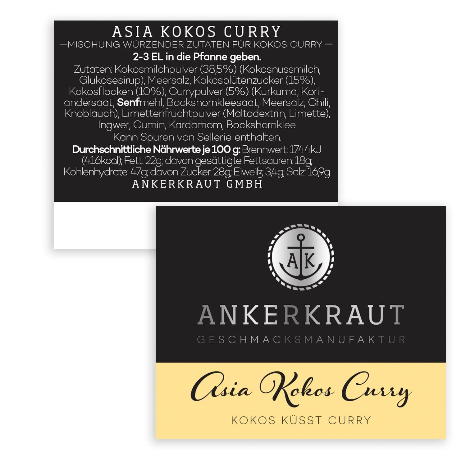 Ankerkraut Asia Kokos Curry, 85 g parafa üvegben, Gewürz für Kokos-Milch Gemüse Fleisch, Einfach Lecker Zu Hause Kochen, Premium Qualität in der Panne