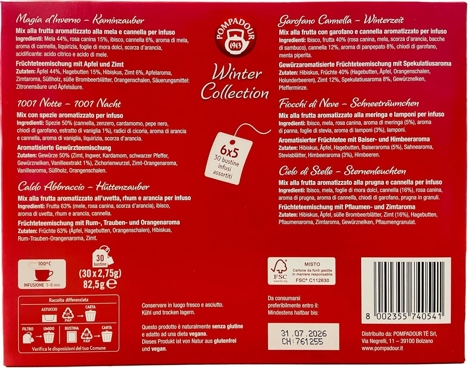 Pompadour 1913 Winter Collection Sortiment de ceaiuri din fructe și plante fără cofeină - 1 x 30 pliculețe de ceai (82,5 grame)