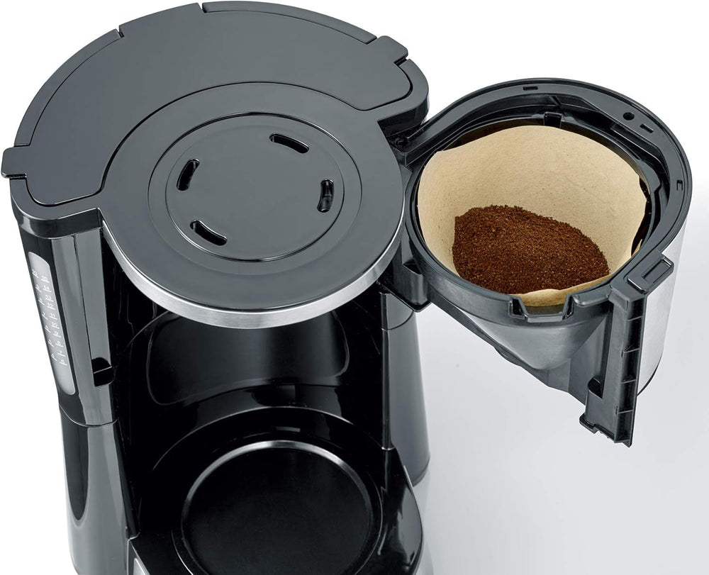 Espressor SEVERIN „TypeSwitch” cu carafă de sticlă și cronometru, AromaSwitch pentru alegerea a 2 opțiuni de preparare, ceas digital cu funcție de cronometru, pentru până la 10 cești, 1000W, oțel inoxidabil periat-negru, KA 4826