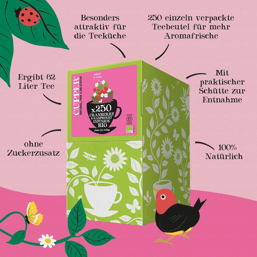 Cupper Ceai de fructe bio Cranberry Rasperry | Ceai cu zmeură | 250 pliculețe de ceai nealbite | Pachet mare | Perfect pentru birou | Ecologic | Comerț echitabil