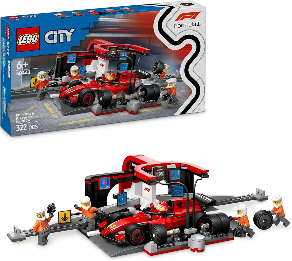 LEGO City F1 Pit Stop Pit Crew-val és Ferrari Flitzerrel - Formel 1 Pit Stop készlet 1 versenyzővel és 4 szerelő minifigurával - Spielzeug Rennauto für Boys und Mädchen ab 6 Jahren - 60443