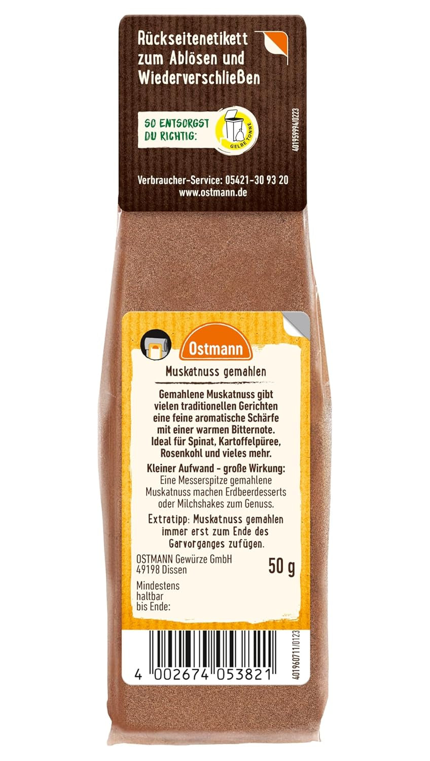 Ostmann Gewürze - Muskatnuss gemahlen | Ideális burgonyaételek ízesítésére Zum Nachfüllen der Streudose | 50 g-os visszazárható zacskó