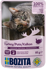 Bozita Pouch Hrană Umedă cu Bucăți în Sos și Curcan - 12 Pliculețe Porționate x 85g Hrană Fără Cereale și Fără Grâu pentru Pisici - Hrană Umedă pentru Pisici Adulte cu 8,5% Proteine și 4,5% Grăsimi