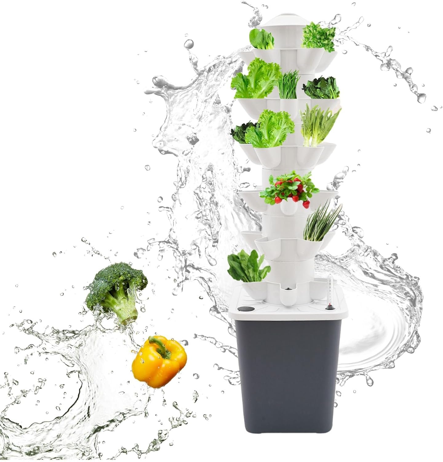 30 kapszula hidroponikus torony, kerti hidroponikus termesztőrendszer, 6 szintes függőleges hidroponikus termesztőkészlet, aeroponikus torony hidratáló szivattyúval, adapterrel és magágyakkal (szürke)