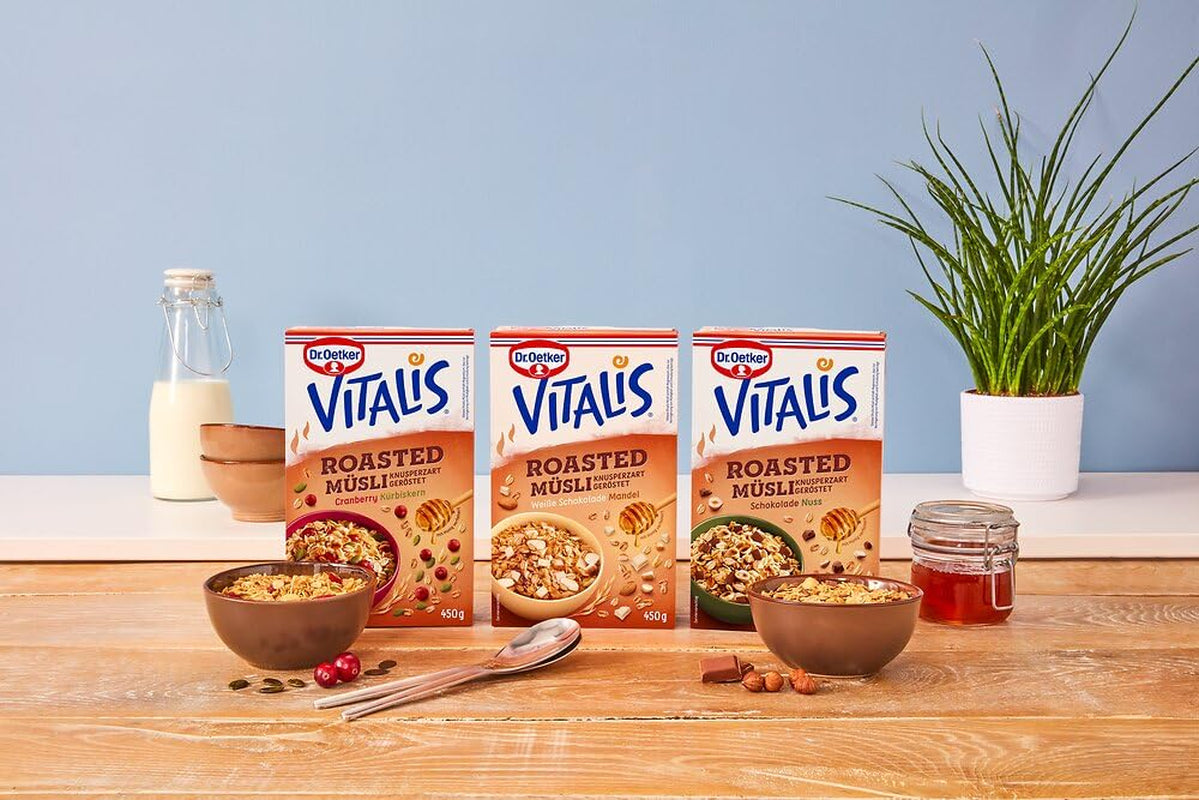 Dr. Oetker Vitalis pirított müzli áfonyával és tökmaggal: Pirított müzli szárított áfonyával, 8 db (8 x 501 g) csomag