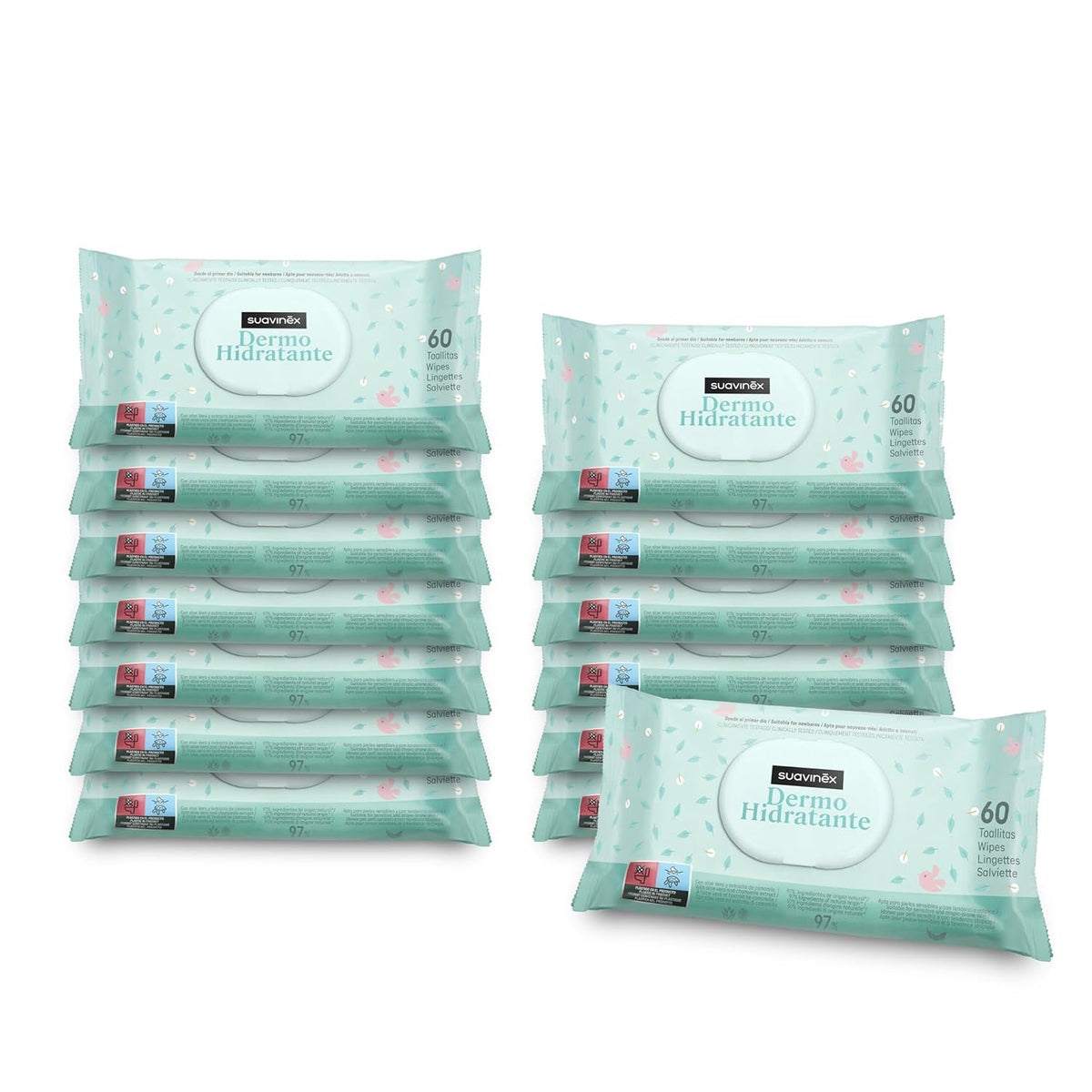 Suavinex, pachet de 14 a câte 60 de șervețele umede pentru bebeluși (840 de șervețele în total), hidratante, potrivite pentru tenul atopic, 95% ingrediente naturale