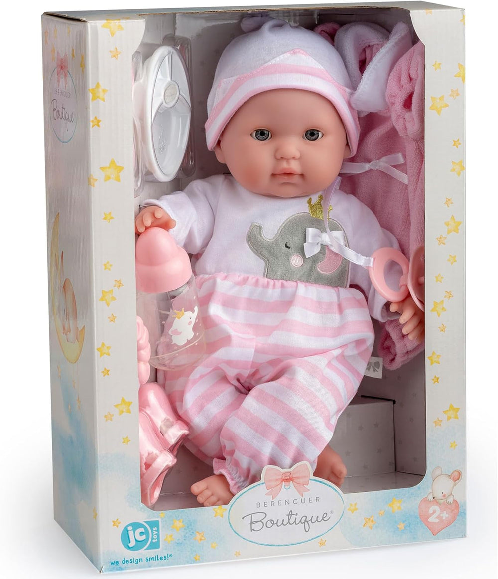 JC Toys- Berenguer Boutique 38 cm-es, valósághű Babystoffpuppe mit open/geschlossenen 10-teiliges Geschenkset mit Flasche, Rassel, Schnuller & Zubehör Rosa From 2 Jahren