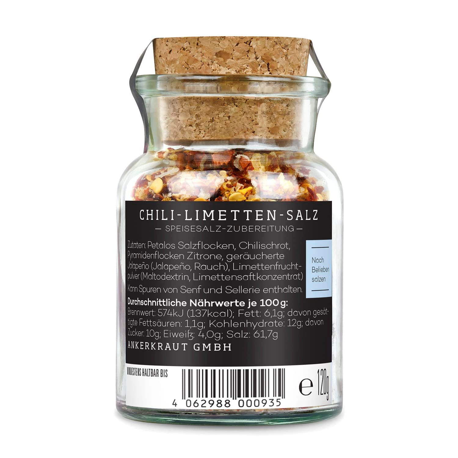 Ankerkraut Chili-Lime-Salz, 70g parafa üvegben, Speise-Salz Mischung für Steak Fisch Salad Asia Gerichte, Allrounder mit Gesmack und Qualität