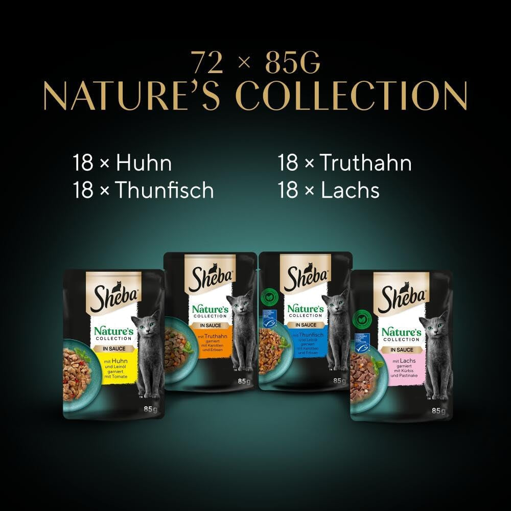 Colecția SHEBA Nature's în sos - Hrană umedă de înaltă calitate pentru pisici, varietate fină (MSC) în pliculețe porționate - 72 x 85g