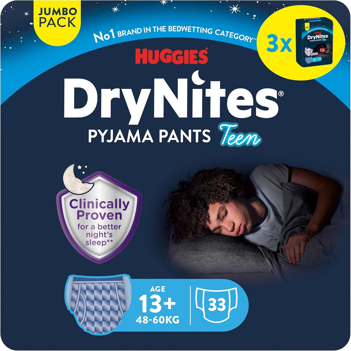 Huggies DryNites éjszakai ágybavizes pelenkák, fiúk 13-kb. 17 éves korig (48-60 kg), 33 szám (3x11), Jumbo havi csomag, XL-es nadrág