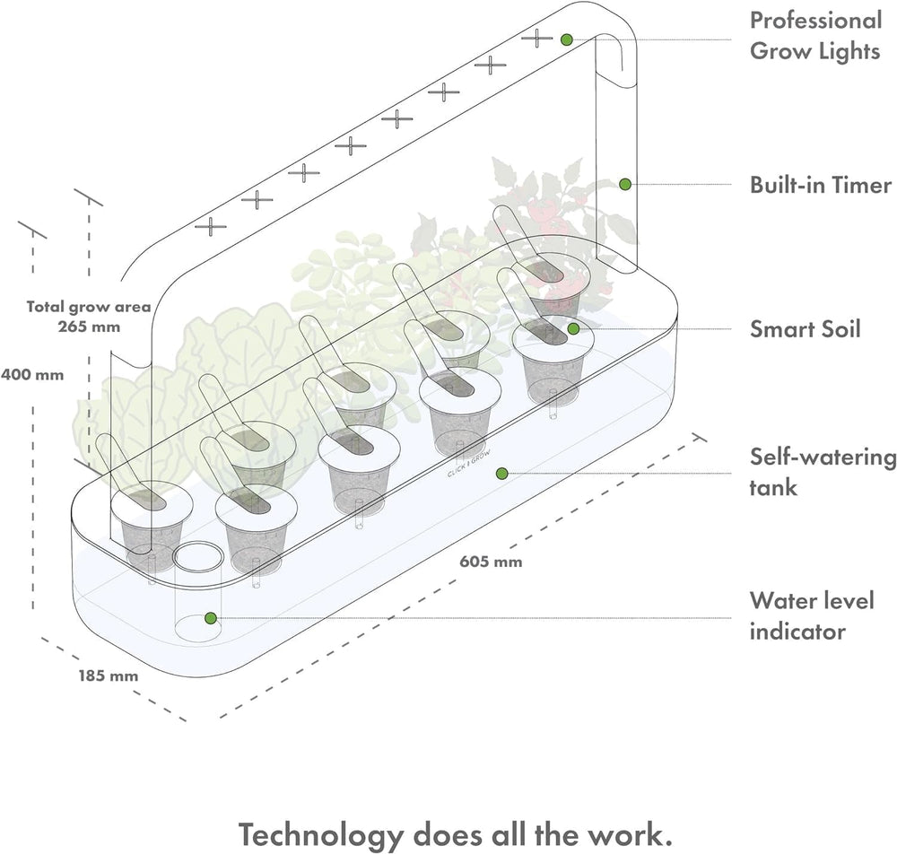 Grădină interioară Click and Grow, mai ușoară decât un sistem de creștere hidroponic, Grădină inteligentă cu LED, grădină de plante aromatice, seră interioară cu 9 capsule de plante incluse (alb)