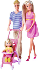 Simba 105733673 - Steffi Love Happy Family, Păpușă însărcinată, Kevin, Evi și bebeluș cu cărucior, 11 piese, accesorii, 30 cm, vârste 3+