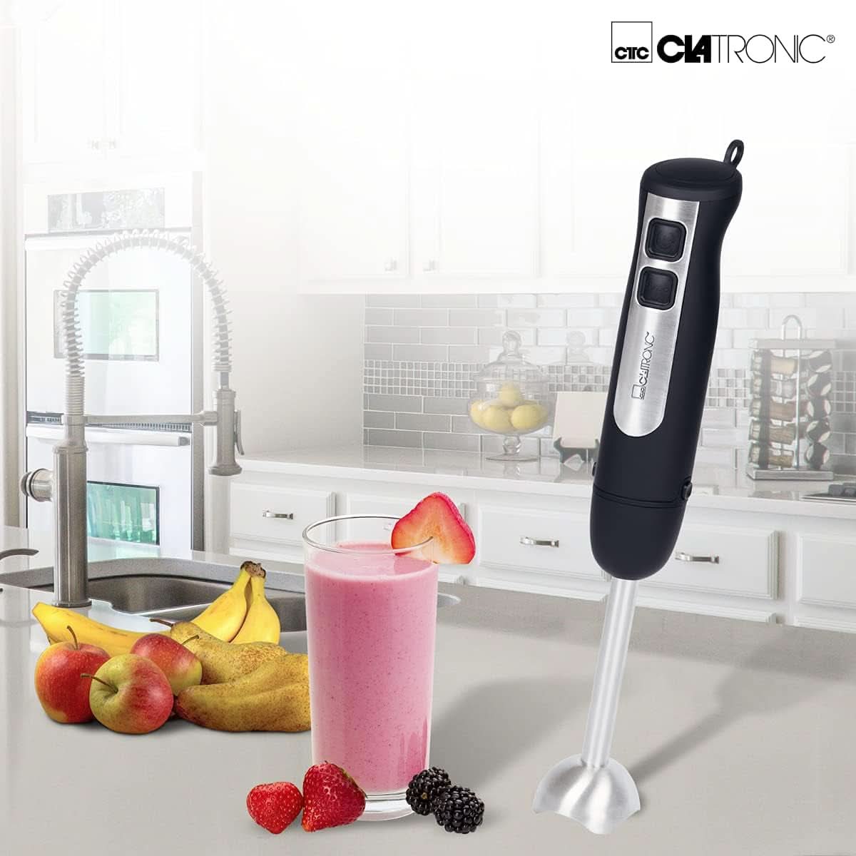 Clatronic Stabmixer SM 3739 Pürierstab, Handmixer, Mixer Für Smoothie, Shakes, 2 Stufen-Schalter, Multizerkleinerer, Edelstahl-Stab Und Messer, Aufhängeöse, 800 Watt Motor, Schwarz-Edellstahl Mother és Child Stahl Mother