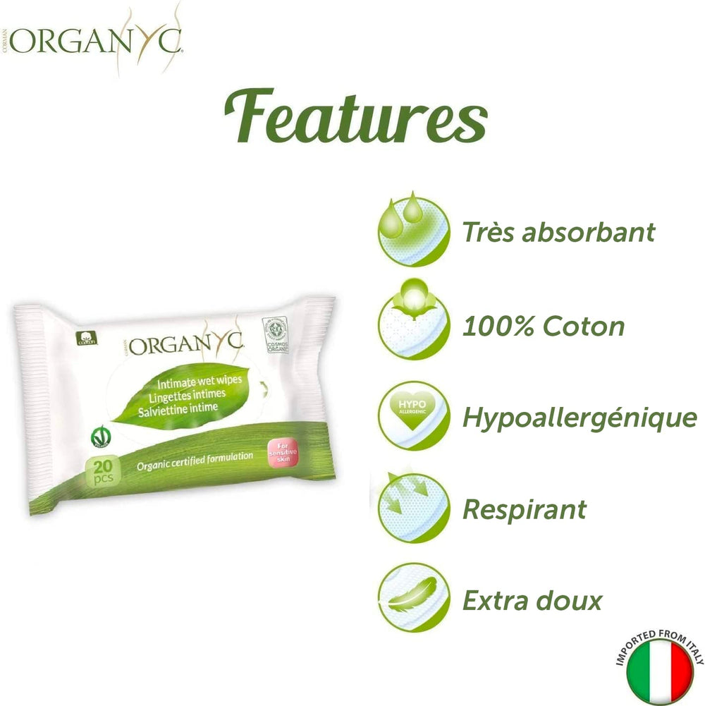 Organyc nedves intim törlőkendők, 100% minősített bio pamutból - 4 csomag 20 törlőkendőt (összesen 80 törlőkendő)