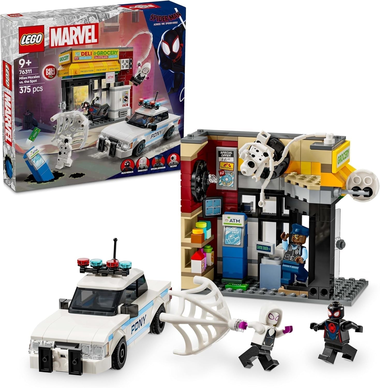 LEGO Marvel Spider-Verse: Miles Morales Vs. Spot - Set de joacă pentru supereroi cu mașină de jucărie - 4 minifigurine și mini-market - Cadou pentru băieți și fete cu vârsta de 9+ 76311 Seturi de constructie Besuche den LEGO-Store Titlu implicit