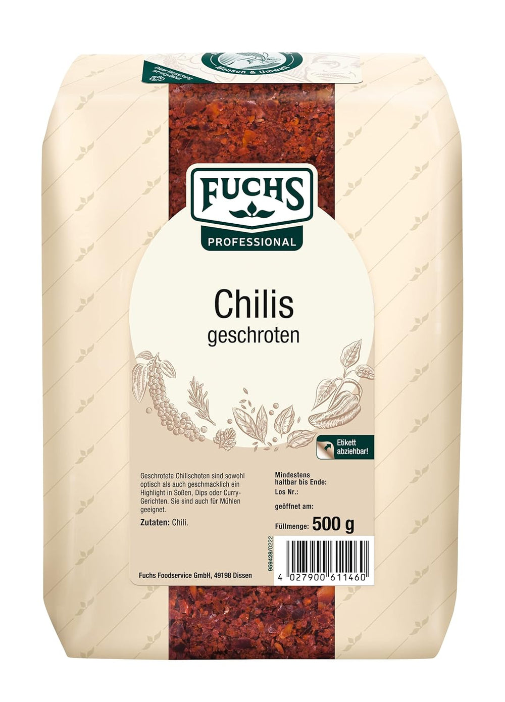 Fuchs Professional - Chilis geschoten | Verleiht Chili con Carne die richtige Schärfe | Profi-Qualität für Großverbraucher | 0,7 kg-os újrahasznosítható zacskó