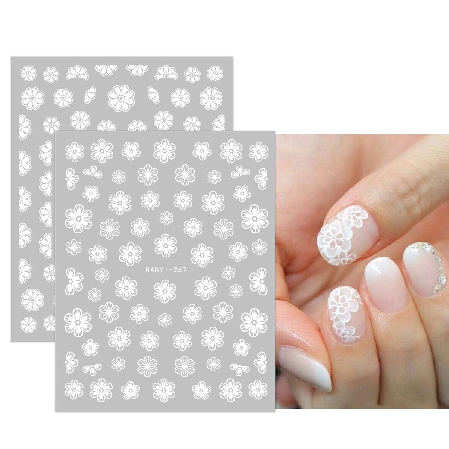 JMEOWIO Nagelsticker Frühlings Weiß Blume 12 Blatt Nail Art Sticker Selbstklebend Nagelaufkleber Sommer Schmetterling Blumen Blatt Dekoration Nageldesign Zubehör