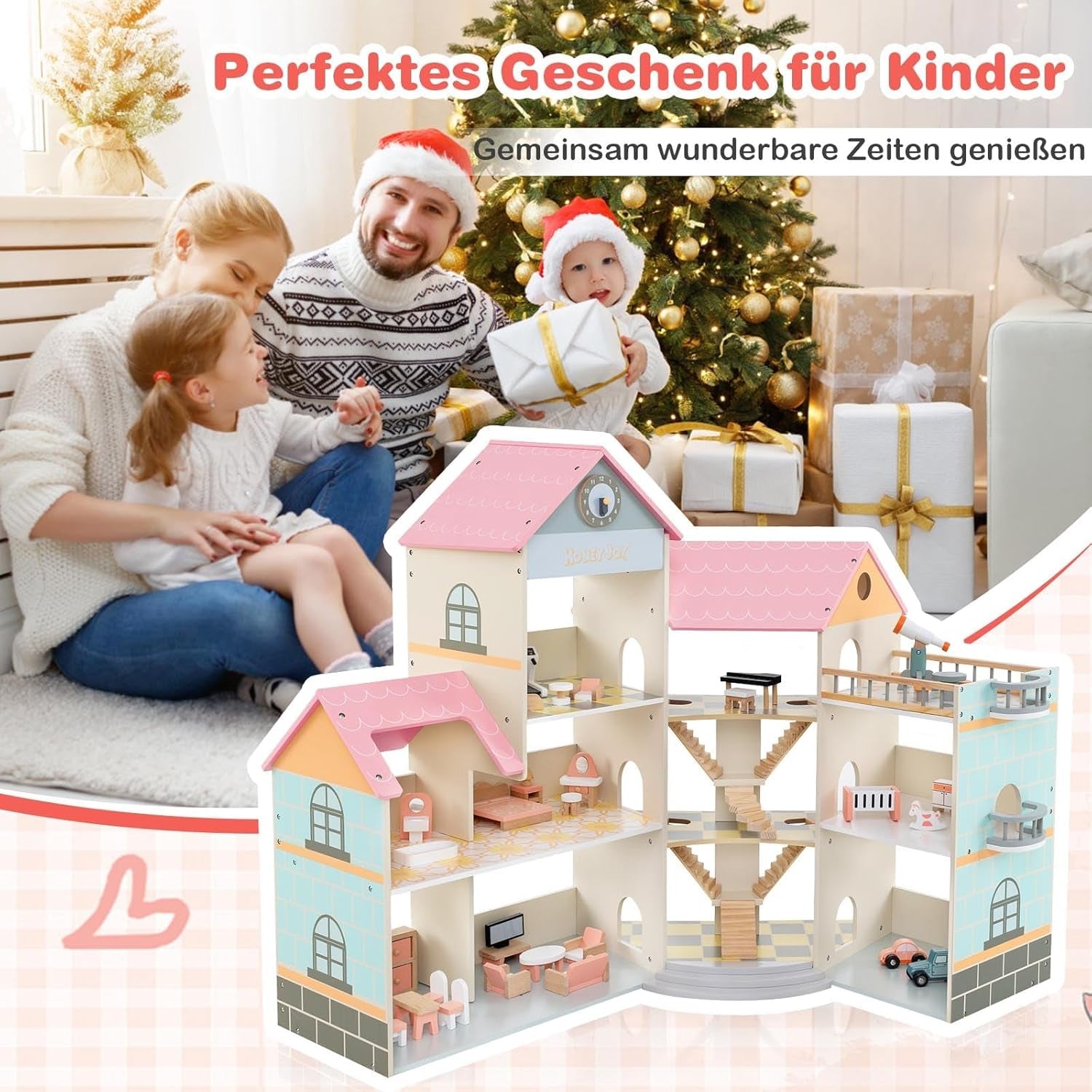 Casă de păpuși din lemn FANTASK, casă de păpuși 94 cm înălțime cu 41 de piese de mobilier și accesorii, vilă de păpuși cu 6 camere, terasă și garaj, cadou pentru fete de la 3 ani Casute de papusi Naty Shop