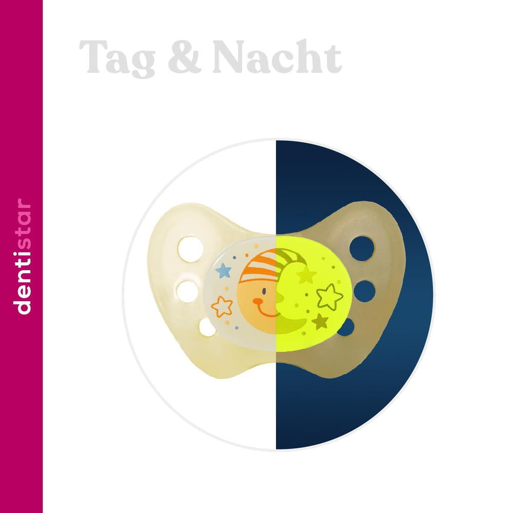 Suzete de noapte din silicon dentistar, pachet de 3 - mărimea 3, de la 14 luni - Suzete care strălucesc în întuneric cu treaptă dentară - fără BPA - fabricate în Germania - Lună, galben