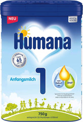 Humana Initial Milk 1, születéstől, tejpor csecsemőtejhez, anyatej mellett vagy csecsemők egyedüli táplálékaként, csak DHA-t és laktózt tartalmazó kezdőtáp, 750 g Mother and Child Naty Shop 750 gramm