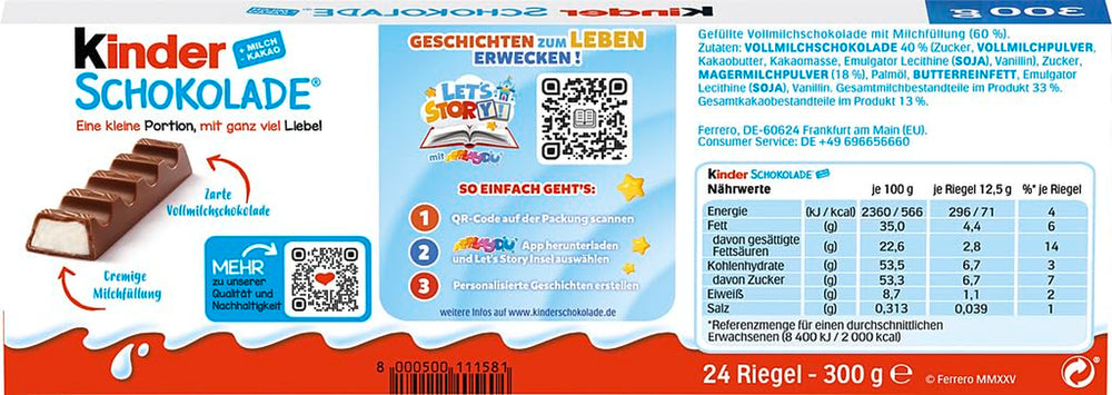 Kinder Chocolate – töltött tejcsokoládészeletek – 1 csomag 24 darab különálló szeletet (24 x 12,5 g) tartalmaz.