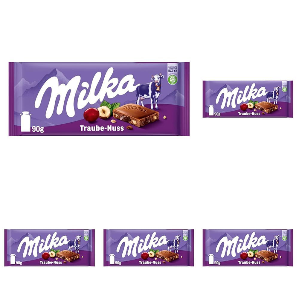 Milka szőlő és mogyoró – alpesi tejcsokoládé mogyoró- és mazsoladarabokkal – 90g