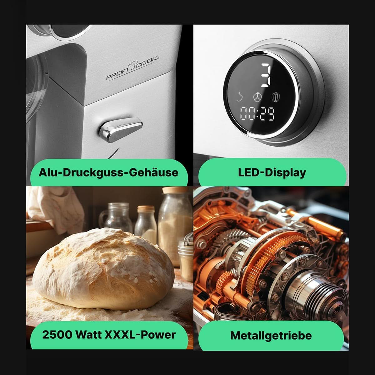 Proficook® Küchenmaschine Mit XXL 12L Schüssel | Knetmaschine Mit 2500W Longlife-Profi-Motor | Metallgetriebe Und Led-Display | Konyhai robotgép Für Bis Zu 8,5 Kg Tészta | 13 Sebesség | PC KM 1254 Anya és Gyermek Naty Shop