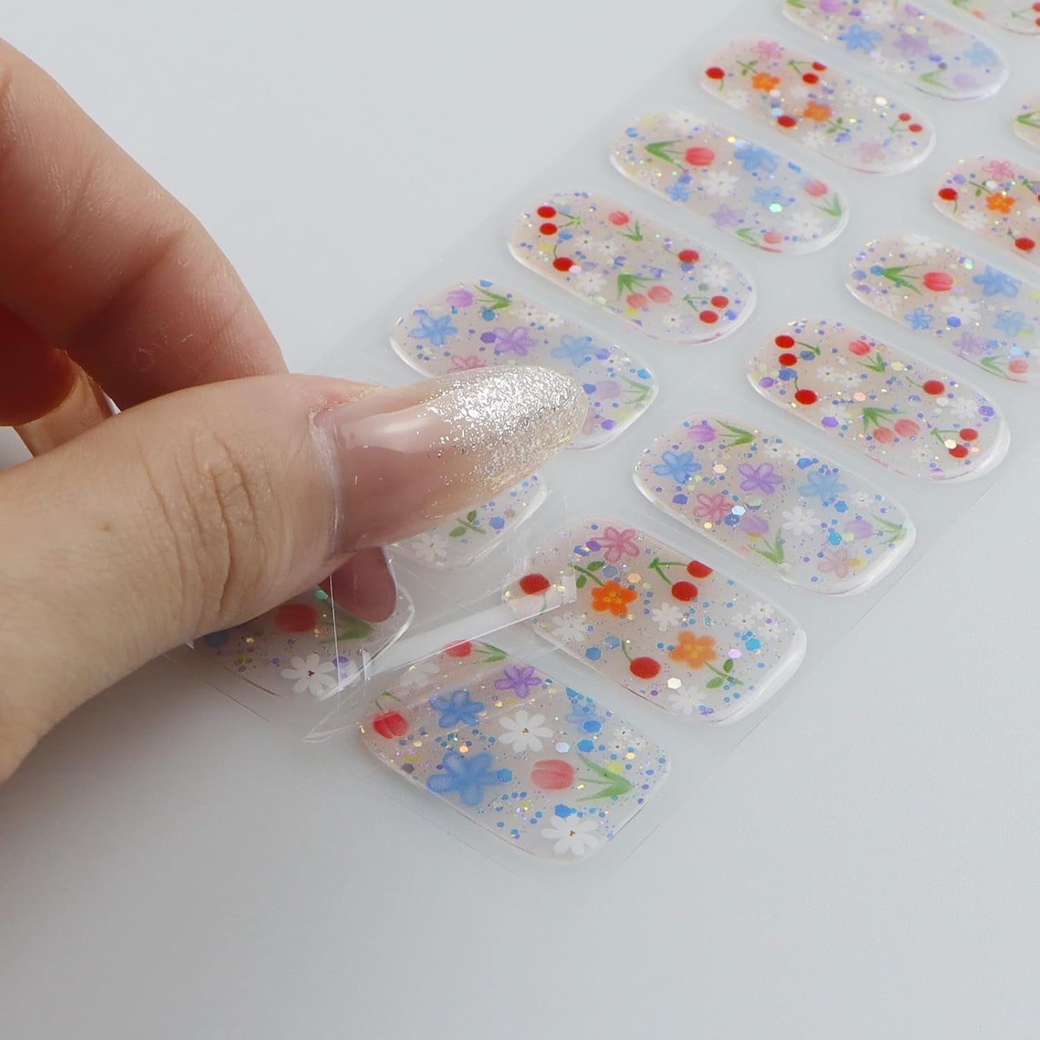 JMEOWIO Nagelfolie UV Härtend Bunter Blumenglitzer UV Gel Nail Strips Nagelsticker Nagelaufkleber Nail Art Dekoration Nageldesign Zubehör