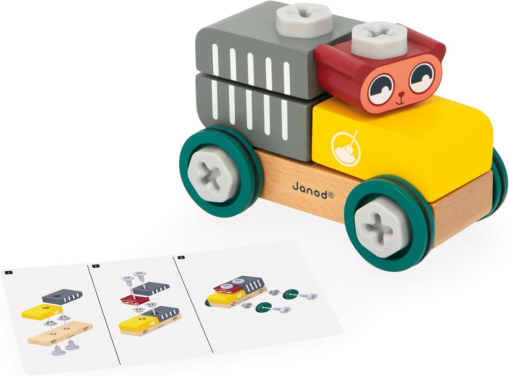 Janod - Mein erstes Konstruktionsspiel - Bären-Bastelauto - 25 Elements - Rollenspiel - Fördert Geschicklichkeit & Kreativität - Ab 24 Monaten - J06458