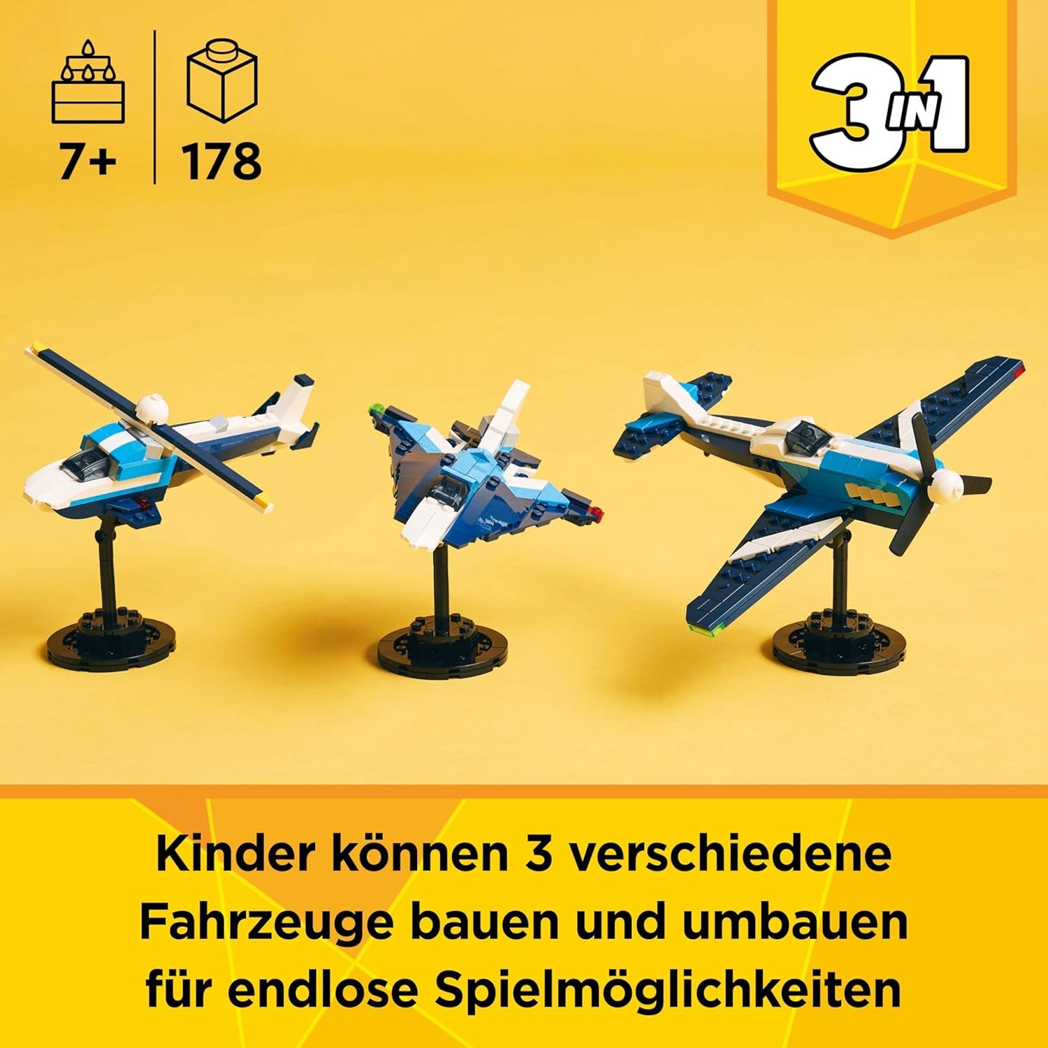 LEGO Creator 3 az 1-ben Flieger: Rennflugzeug Spielzeug – Repülőgép- vagy helikoptermodellvé alakítható – Fahrzeug Bauset für Jungen und Mädchen ab 7 Jahren – Giftidee zum Geburtstag 31160