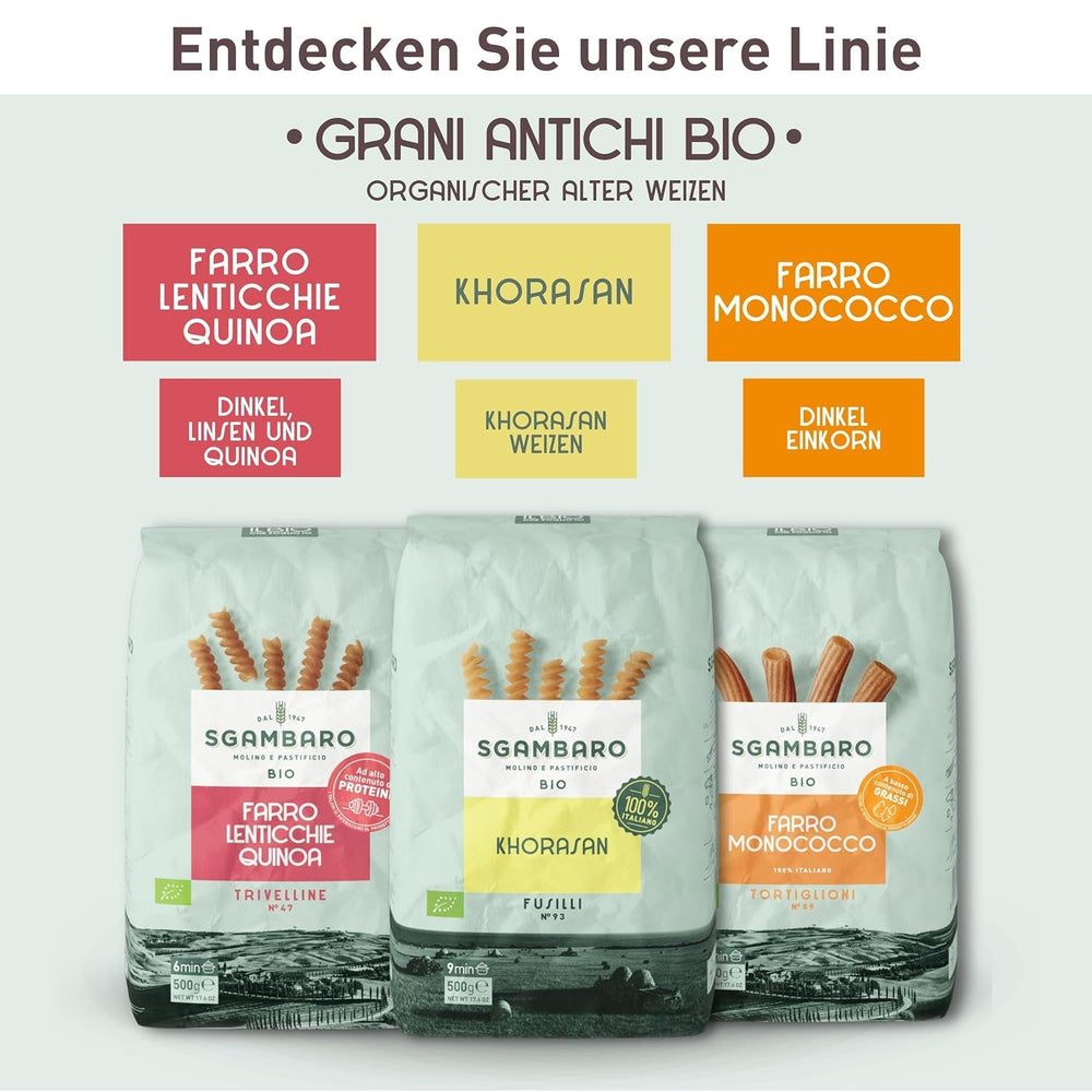 Paste Fusilli Organice Nr. 93 - 500g din grâu Khorasan – Grâu antic, bogat în proteine, cultivat 100% în Italia – Versatile în bucătărie și bogate în nutrienți