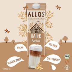 Allos Bio Haferdrink Barista | Milchalternative aus Hafer | Schaubarer Drink auf Pflanzenbasis | Kávéhoz tökéletes Vegán, laktózmentes Ital | 1 liter (6 db)