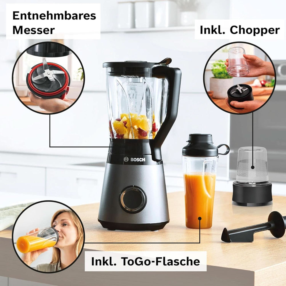 Bosch Standmixer Vitapower Serie 4 MMB6177S, Edelstahl-Klingen Made in Germany, 1,5L Thermosafe Glasbehälter, 0,6L To-Go-Flasche, Stopfer, Universalzerkleinerer, 30 000 E/perc, 1200 W, Shop Silver Kitchen Naty