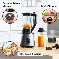 Bosch Standmixer Vitapower Serie 4 MMB6177S, Edelstahl-Klingen Made in Germany, 1,5L Thermosafe Glasbehälter, 0,6L To-Go-Flasche, Stopfer, Universalzerkleinerer, 30 000 E/perc, 1200 W, Shop Silver Kitchen Naty