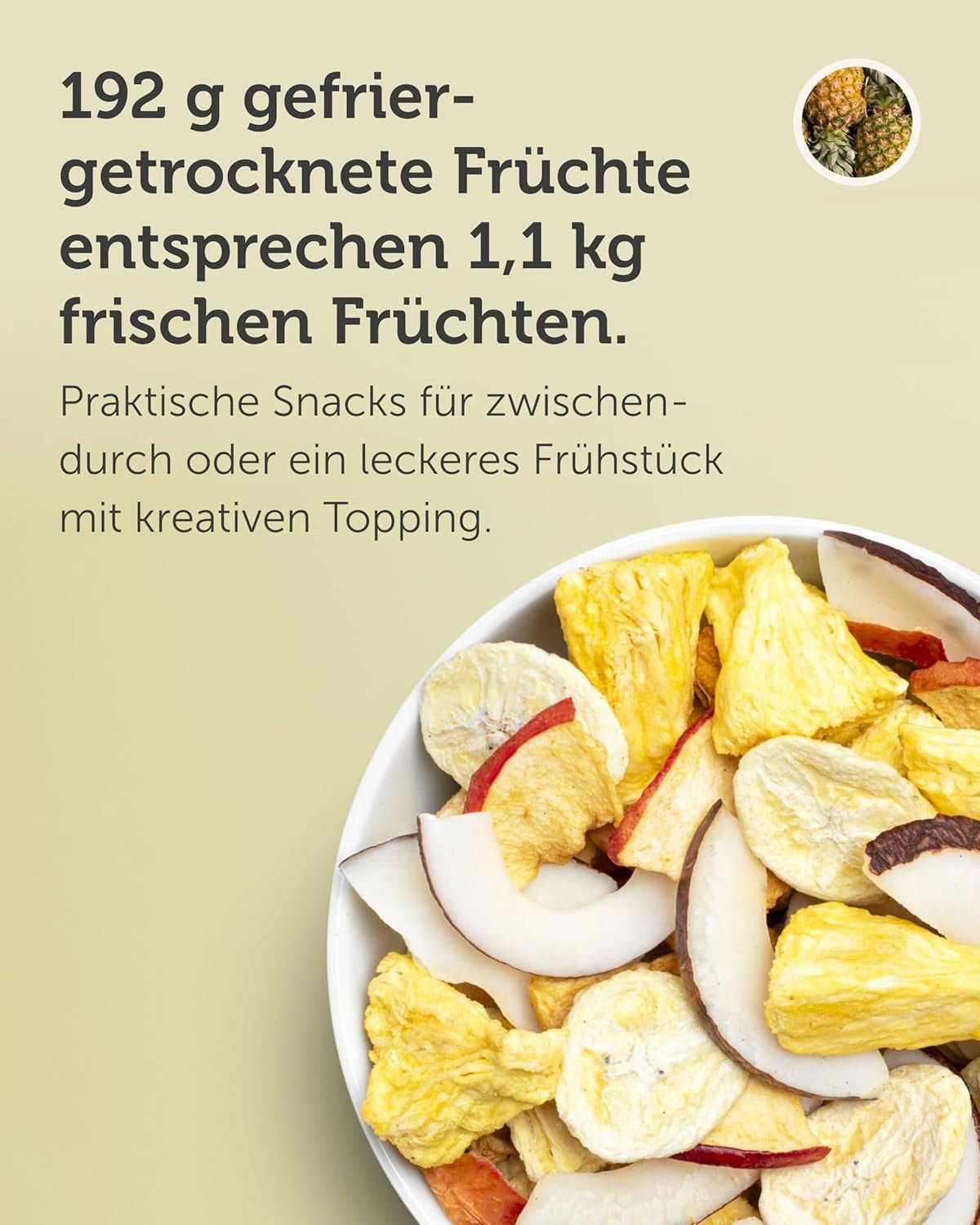 Amestec de fructe liofilizate BUAH® | Ananas, banane, mere și nucă de cocos liofilizate fără zahăr adăugat | 100% fructe | Vegan, fără gluten, fără lactoză (192g) Produse deshidratate Naty Shop