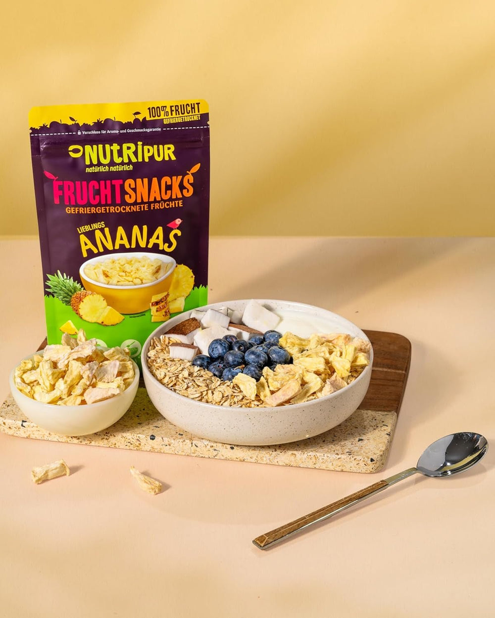 Ananas liofilizat BITS 100g bucăți mari pentru smoothie bowls, muesli, topping porridge - fructe liofilizate fără zahăr adăugat - ananas uscat - fructe de la NutriPur Produse deshidratate Naty Shop