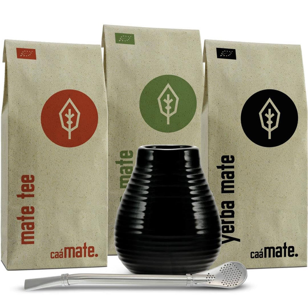 Set de ceai Mate din ceramică ● 3 sortimente de Mate BIO + cană Mate + Bombilla + instrucțiuni de preparare (Vintage)