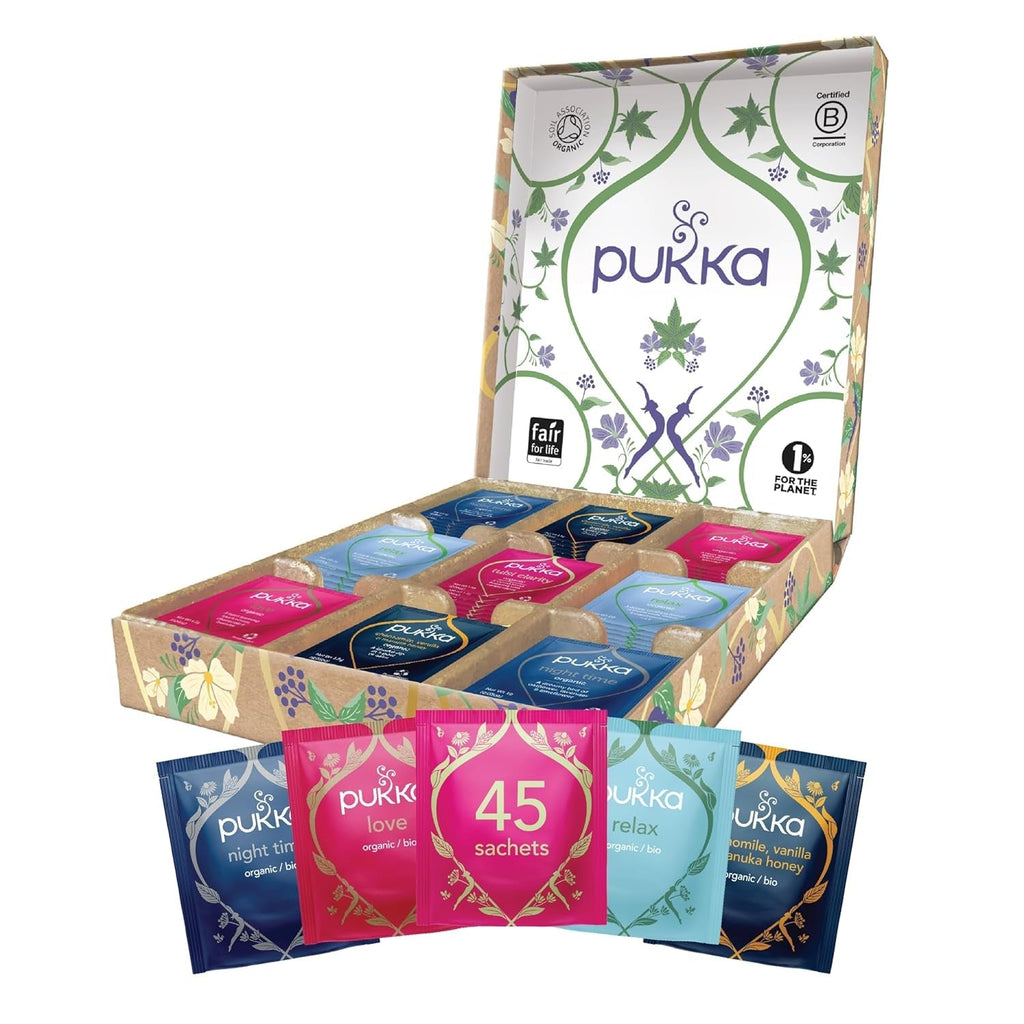 Set cadou ceai Pukka, ceai din plante bio, cutie de ceai, set de ceai durabil, ideal pentru orice ocazie, idee de cadou, 9 variante, 45 pliculețe de ceai