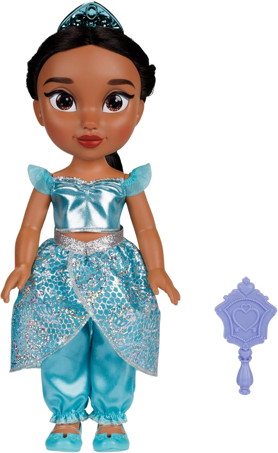 Disney Princess Jasmin Puppe 35 cm, reflektierende Glitzeraugen, bewegliche Gelenke, ausziehbares Outfit, Schuhe, Krone, langes geflochtenes Haar, für Mädchen ab 3 Jahren